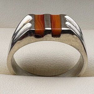 Vintage Designer Mexico Coral Inlay thick 925 Sterling Sz. 7.5 Ring - 5.5 gm